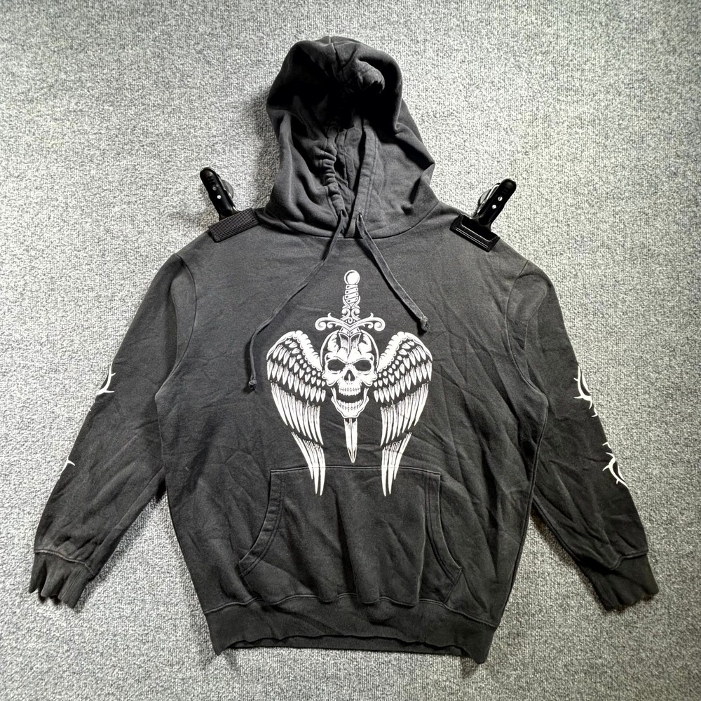 Hot Topic Hoodie Mens Large Black Skull Dagger Wings Graphic Fleece Lined Cotton
